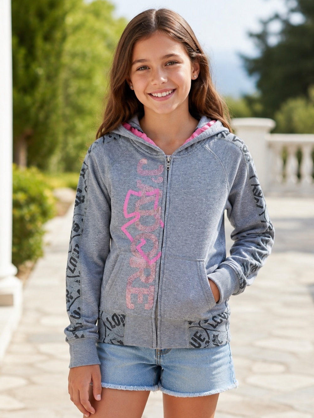Joshua Perets Girls Grey Pink Full Zip Graphic Hoodie Size L 10-12